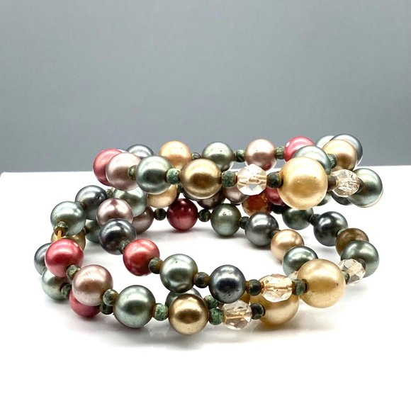 Colorful Faux Pearl Bracelet, Memory Wire 4 Wraps with Multicolored Beads - Picture 2 of 5